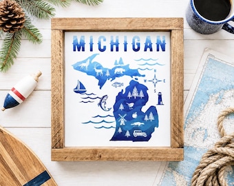 Michigan Watercolor Icon  Adventure Sign | Michigan Decor|   Framed Michigan Wall Decor