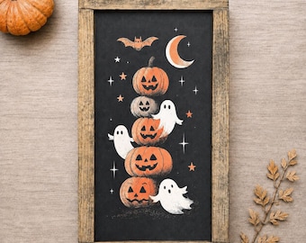 Halloween Pumpkin & Ghost Wooden Framed Sign | Rustic Halloween Shelf Decor | Spooky Cute Halloween Decoration | 13.5" x 7.5"