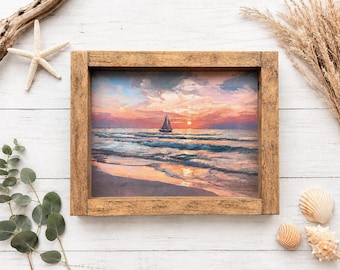 Sunset Sailboat Coastal Wall Art | Lake House Decor | Nautical Beach Cottage Sign | Framed Sunset Artwork | 9.5" x 7.5"
