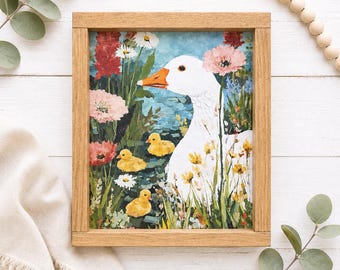 Farmhouse Goose & Ducklings Framed Sign | Rustic Country Cottage Decor | Spring Goose Art | Shelf Sitter Farmhouse Accent | 11.5" 9.5"