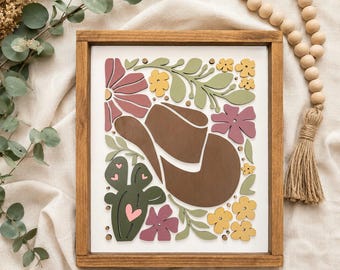 Boho Cowboy Boot Floral Wood Sign | Western Wall Decor | Layered Wood Art | Cowgirl Room Decor | Rustic Boho Home Accent | 15.5" x 13.5"