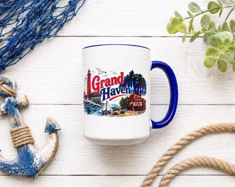 Grand Haven Michigan Coffee Mug – 15 oz Ceramic Campfire Beach Mug – Lighthouse  Gift – Michigan Lake Life Cup