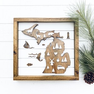 Michigan Sign | Michigan Map Style Framed Sign | Michigan Cut Out Icons | 13.5" x 13.5"