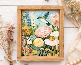 Hummingbird & Wildflower Framed Wood Sign | Cottagecore Decor | Floral Bird Art | Rustic Farmhouse Shelf Sitter | Botanical Decor 11.5" 9.5"