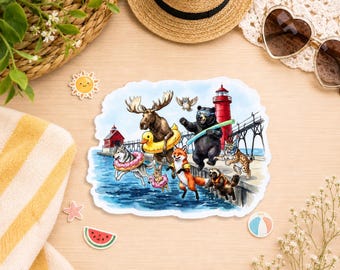 Michigan Summer Sticker | 4" x 4"  |Michigan Summer Wildlife Sticker – Cute Beach Animals at the  Grand Haven Lighthouse Vinyl Decal