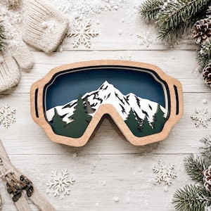 Layered Snow Goggle Mountain Scene | Ski Lodge Decor | Snowboard Wall Art | Winter Cabin Decor | Mountain Lover Gift| 4.5" x 9"