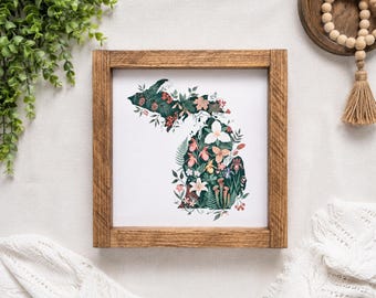 Michigan Wildflowers Wood Framed Sign | Michigan State Floral Wall Decor | Rustic Michigan Art | Nature Lover Gift | Cabin Farmhouse Decor