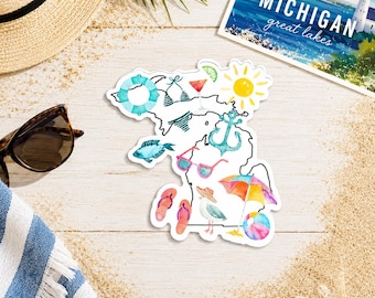Michigan Summer Sticker | 4" x 4"  | Summer Icons | Michigan Shape Sticker |Michigan Summer Beach | Great Lakes Beach Lover Decal