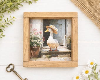 Mini Goose Framed Sign | Cottagecore Goose Decor | Farmhouse Shelf Sitter | Rustic Duck & Daisy Art | Farmhouse Accent | 7.5" x 7.5"