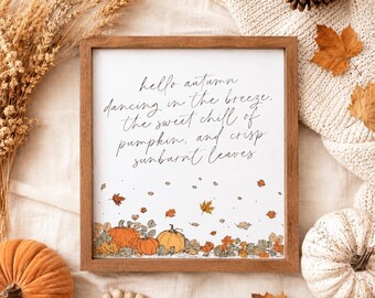 Hello Autumn Framed Sign | Fall Farmhouse Decor | Pumpkin Wall Art | Autumn Entryway Sign | Rustic Fall Home Decor | 17.5" x 16"