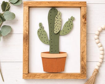 Boho Cactus Wood Sign | Layered 3D Cactus Wall Decor | Southwest Farmhouse Decor | Desert Plant Sign | Rustic Wooden Wall Art | 11.5" 9.5"