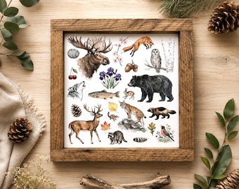 Woodland Wildlife Watercolor Sign | Rustic Cabin Decor | Forest Animal Wall Art | Woodland Nursery & Lodge Decor | 13.5" x 13.5"