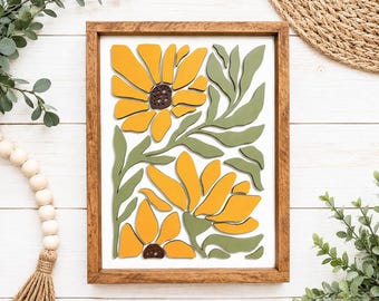 Yellow Floral Wooden Wall Art | Layered Flower Sign | Farmhouse Decor | Spring Wall Hanging | Botanical Wood Sign| 17.5" x 13. 5"
