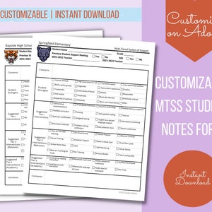 Modulo note studente MTSS personalizzabile stampabile per consulenti e amministratori, note IEP, note 504, note di intervento degli studenti