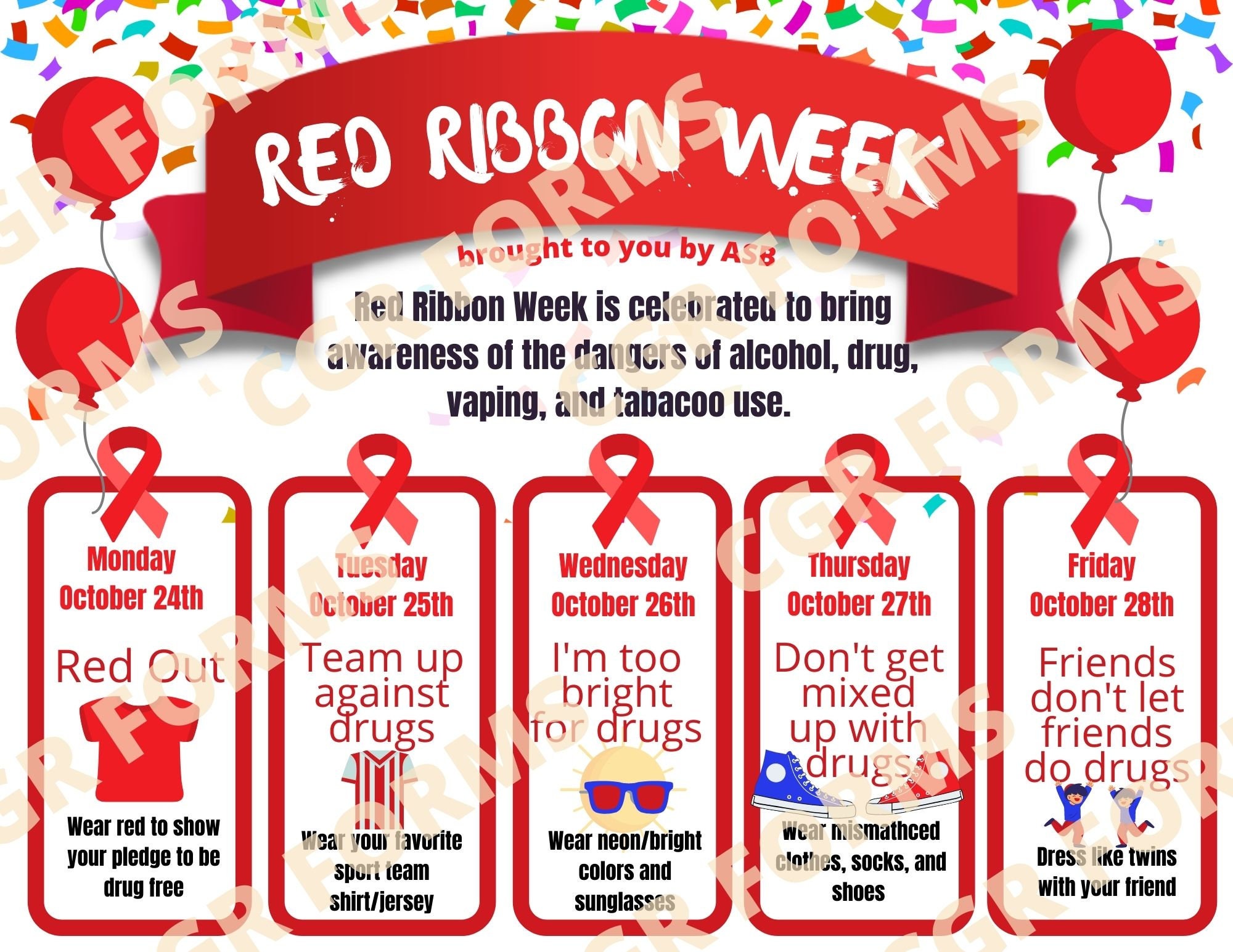 Red Ribbon Week Schedule Activity Flyer Printable for School PTA PTO
