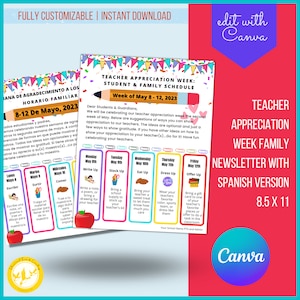 Editable Teacher Appreciation Family Newsletter, Printable Appreciation Week of Events, Take Home Flyer, Spanish Translation Template