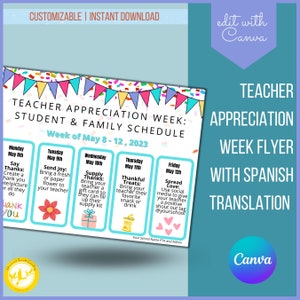 Editable Teacher Appreciation Family Newsletter, Printable Appreciation Week of Events, Take Home Flyer | Spanish Translation