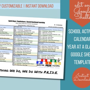 May include: A printable school activity calendar template for the 2022-2023 school year. The calendar is designed to be used with Google Sheets and includes a variety of activities, fundraisers, and social emotional learning events. The calendar is titled "Spirit Days | Fundraisers | Social Emotional Learning" and features a Trojan mascot. The text "Everything we do, we do with P.R.I.D.E." is at the bottom of the calendar.