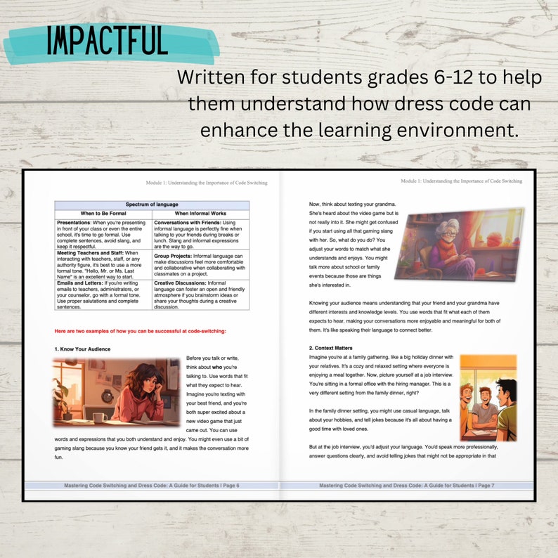 K&ouml;nnte beinhalten: Eine bunte Illustration eines Klassenzimmers mit einem Lehrer und Sch&uuml;lern. Der Text "IMPACTFUL" steht oben auf der Seite. Der Text "Geschrieben f&uuml;r Sch&uuml;ler der Klassen 6-12, um ihnen zu helfen, zu verstehen, wie sich die Kleiderordnung auf das Lernumfeld auswirken kann." steht unter dem Titel. Die Seite ist in zwei Spalten unterteilt. Die linke Spalte hat die &Uuml;berschrift "Spektrum der Sprache" und die rechte Spalte hat die &Uuml;berschrift "Denken Sie jetzt dar&uuml;ber nach, Ihrer Gro&szlig;mutter eine SMS zu schreiben."