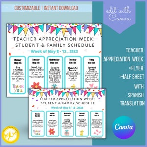 Editable Teacher Appreciation Week of Events, Take Home Flyer with Half Sheet, Spanish Translation, Printable Teacher Appreciation Week