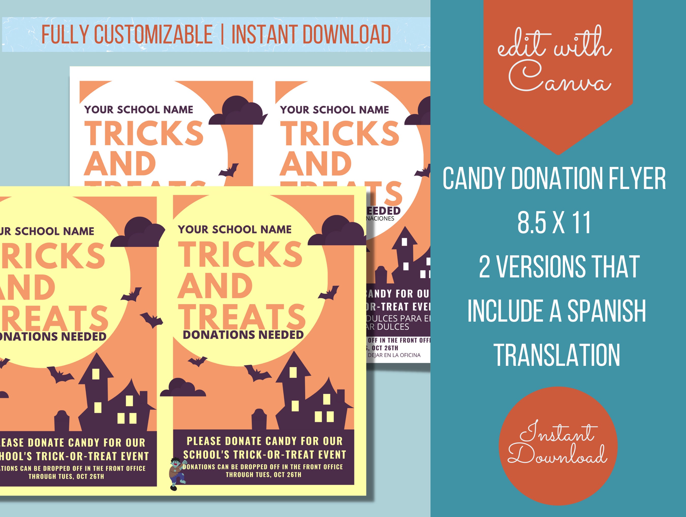 Candy Donation Flyer for School Halloween Trunk-o-treat or Candy Give Away  W/spanish Option PTA PTO ASB Editable Template Digital 