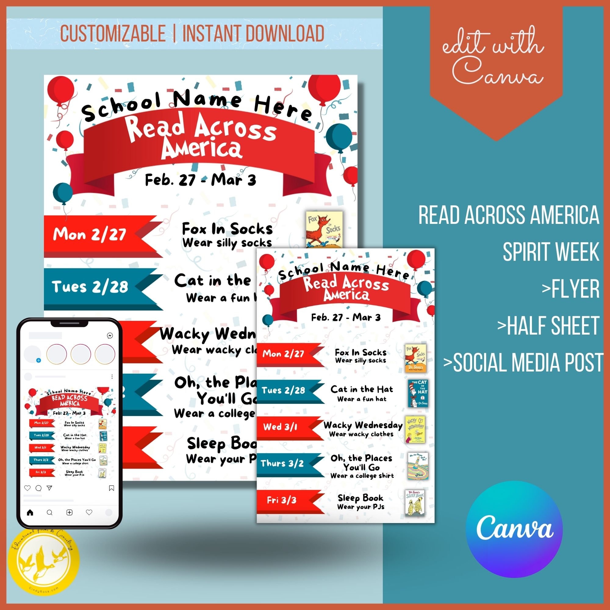 Read Across America Spirit Week Flyer, Spirit Week Template, Spirit