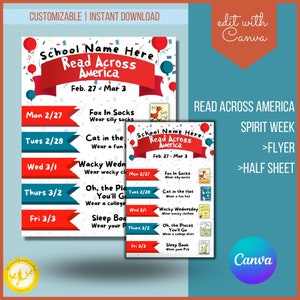 Read Across America Flyer bearbeitbare Vorlage, druckbarer Flyer, Read Across America-Vorlage, Read Across America-Agenda,
