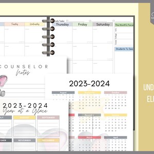 School Counselor Undated Planner 2023-2024, Counselors Printable Planner, Elephant Theme Counselor Calendar