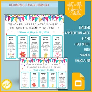 Editable Teacher Appreciation Week of Events, Take Home Flyer with Half Sheet, Spanish Translation, Printable Teacher Appreciation Week