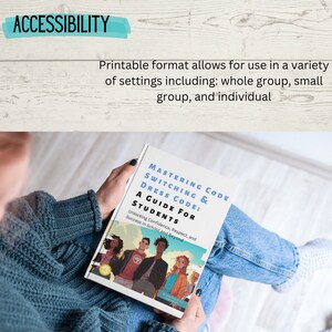 K&ouml;nnte beinhalten: Ein wei&szlig;es Buch mit einer bunten Illustration von vier Teenagern auf dem Cover. Der Buchtitel lautet "Mastering Code Switching & Dress Code: A Guide for Students". Der Untertitel lautet "Unlocking Confidence, Respect, and Success in School and Beyond".