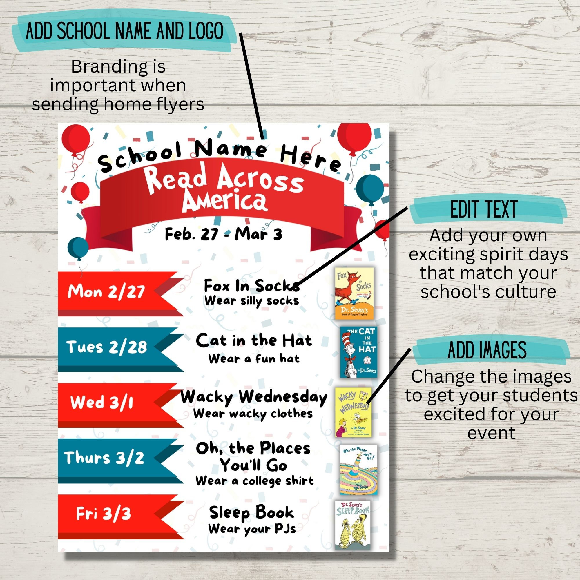 Read Across America Spirit Week Flyer, Spirit Week Template, Spirit