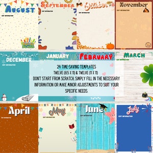 May include: Twelve printable calendar templates for each month of the year. Each template features a colorful design with a seasonal theme. The templates are 8.5 inches by 11 inches and 11 inches by 11 inches.  Don't start from scratch, simply fill in the necessary information or make minor adjustments to suit your specific needs.