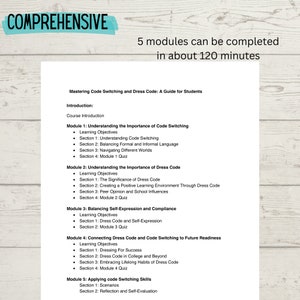 K&ouml;nnte beinhalten: Ein schwarz-wei&szlig;es Dokument mit dem Titel "Mastering Code Switching and Dress Code: A Guide for Students". Das Dokument beschreibt f&uuml;nf Module mit Lernzielen und Abschnitten f&uuml;r jedes Modul. Die Module behandeln Themen wie das Verst&auml;ndnis von Code-Switching, die Bedeutung von Kleiderordnung, die Balance zwischen Selbstausdruck und Compliance, die Verbindung von Kleiderordnung und Code-Switching zur zuk&uuml;nftigen Bereitschaft und die Anwendung von Code-Switching-F&auml;higkeiten.