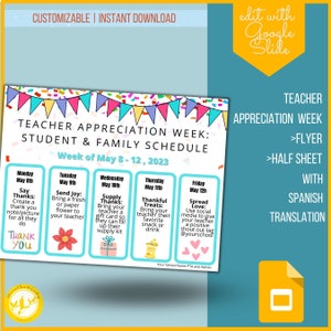 Editable Teacher Appreciation Family Newsletter, Printable Appreciation Week of Events, Take Home Flyer | Spanish Translation
