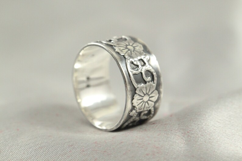 Ring With Flowers,Wide Rings Silver Rings,Woman Ring Sterling Silver Ring Sunflower ring Silver Flowers Vine Ring Love Silver Rings