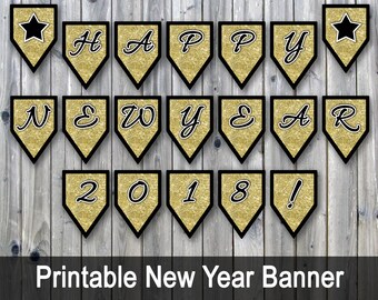 Happy New Year 2018 Banner - Printable New Years Eve Banner - Gold Glitter PDF - Includes Extra Coundown Numbers and Stars -INSTaNT DOWNLoAd