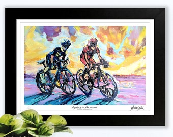 Cycling In The Sunset, Cyclists Print, Two Men on a Bike, Bicycle Painting, Bike Art, Sports Gift, Cyclists Decor