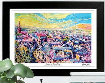 Clitheroe Town V Country, Limited Edition Print, Blue Sky Painting, Northern England, Contemporary Town, The Castle Keep