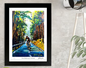 Socially Distancing Cyclist In The Forest PRINT, Cycling Art, Bike Ride In The Forest, Cycling Wall Art, Cycle Route Prints, Bike Gifts
