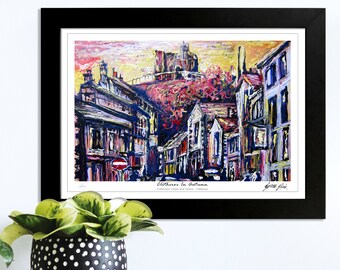 Clitheroe in Autumn, Collector's Print, Yellow and Red Art, Visit Lancashire Art, Contemporary Town, TownScape, Where Is Clitheroe, The Keep