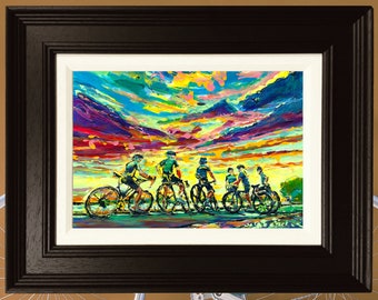 Cyclists Watching Sunset Original Painting, Bicycle Painting, Bicycles In Art, Bike Art, Cyclist Life