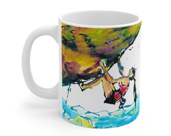 Climbing Girl Mug, Rock Climbing Mug, Gift for Rock Climbers, 11oz White Ceramic Mug