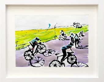 Cyclists Cycling Uphill, Cycling Original Painting, Road Cycling Art, Cycling Gift Idea, Bike Art, Cycling Décor, Wall Art, Framed Painting