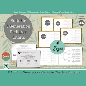 May include: Editable 5-generation pedigree charts in four standard frame sizes: 11x14 inches, 12x16 inches, A4, and US Letter. The charts are blank and ready to be filled in with names and dates. The charts are designed to be used with Canva.