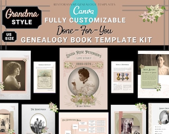 Ancestry Book Template Kit-User Friendly Canva Memorial Books, Fully Customizable Ancestry Books. Family History Book with Bonuses! US size