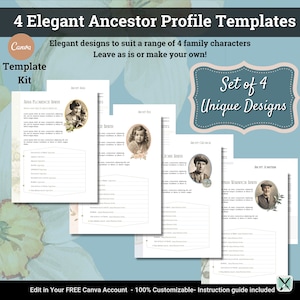May include: Set of four printable ancestor profile templates with a vintage aesthetic. Each template features a different design with a photo placeholder and space for biographical information. The text on the templates reads "Set of 4 Unique Designs".
