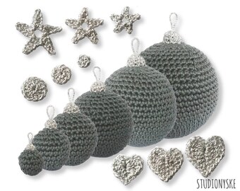 Christmas balls crochet pattern hearts stars dots appliques amigurumi PDF