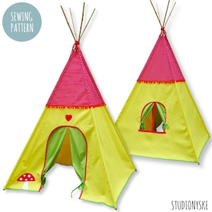 Puede incluir: Patrón de costura para una tienda de campaña tipi amarilla y verde con una parte superior de lunares rojos y blancos. El tipi tiene una entrada con solapa verde con un corazón rojo y una aplicación de hongo. El patrón incluye instrucciones para hacer el tipi.