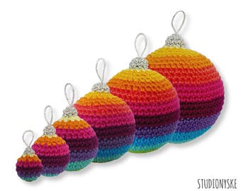 Crochet Christmas balls pattern X-mas ornaments decorations rainbow different sizes PDF