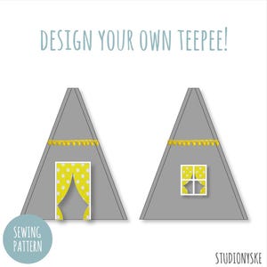 Könnte beinhalten: Ein Schnittmuster für ein Tipi-Zelt mit einem gelben und weißen gepunkteten Vorhang und einem Fenster. Das Schnittmuster enthält Anweisungen für die Herstellung des Tipis, des Vorhangs und des Fensters.